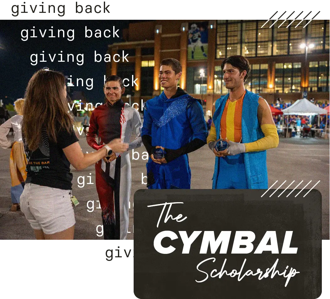 The Cymbal Scholarship: Seavine CEO Chelsea Levine with the 2024 DCI Cymbal Scholarship winners. A graphic layers says "giving back"